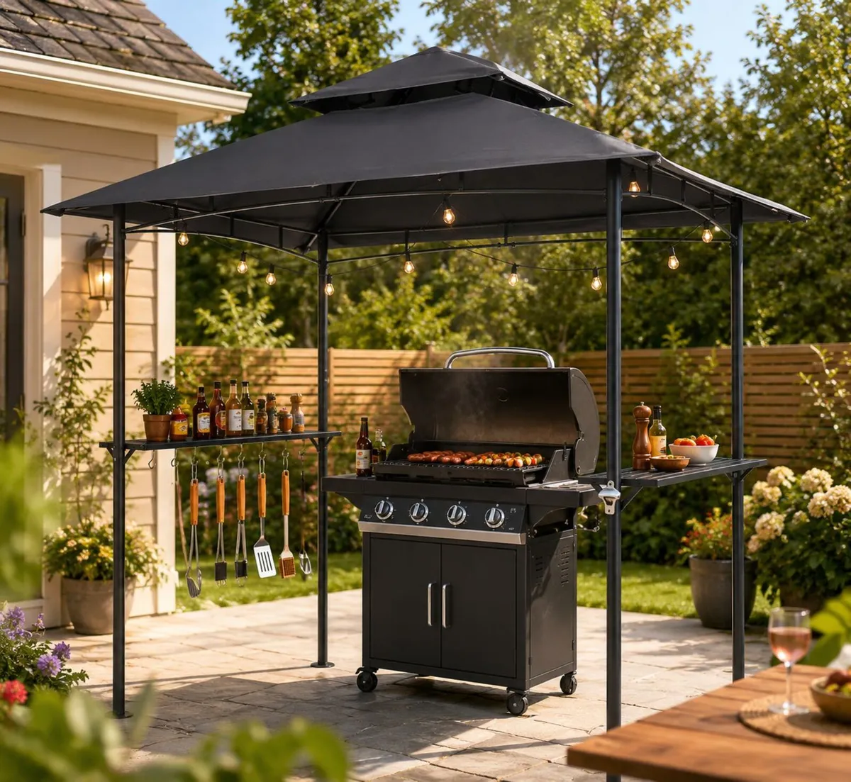 8 x 5 ft BBQ Gazebo Double-Tier Roof 2 Side Shelve - Image 2