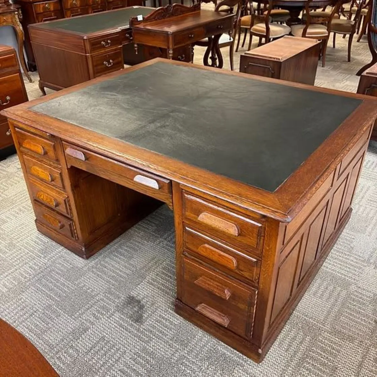 Antique oak green leather top partners (double sid