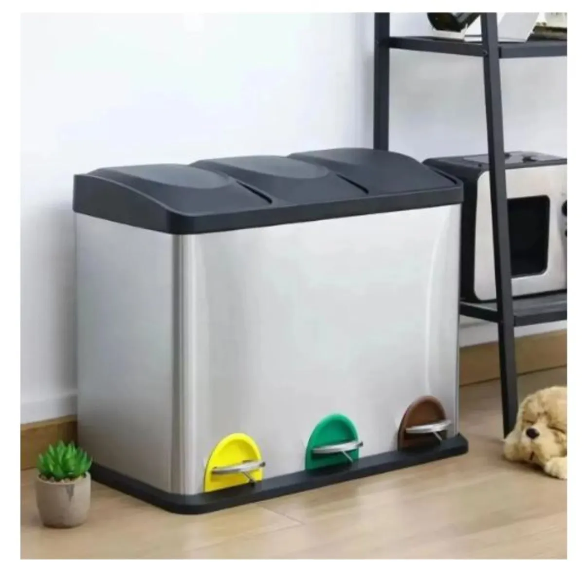 45L Kitchen Waste Bin 3 Section Trash Bin - Image 1