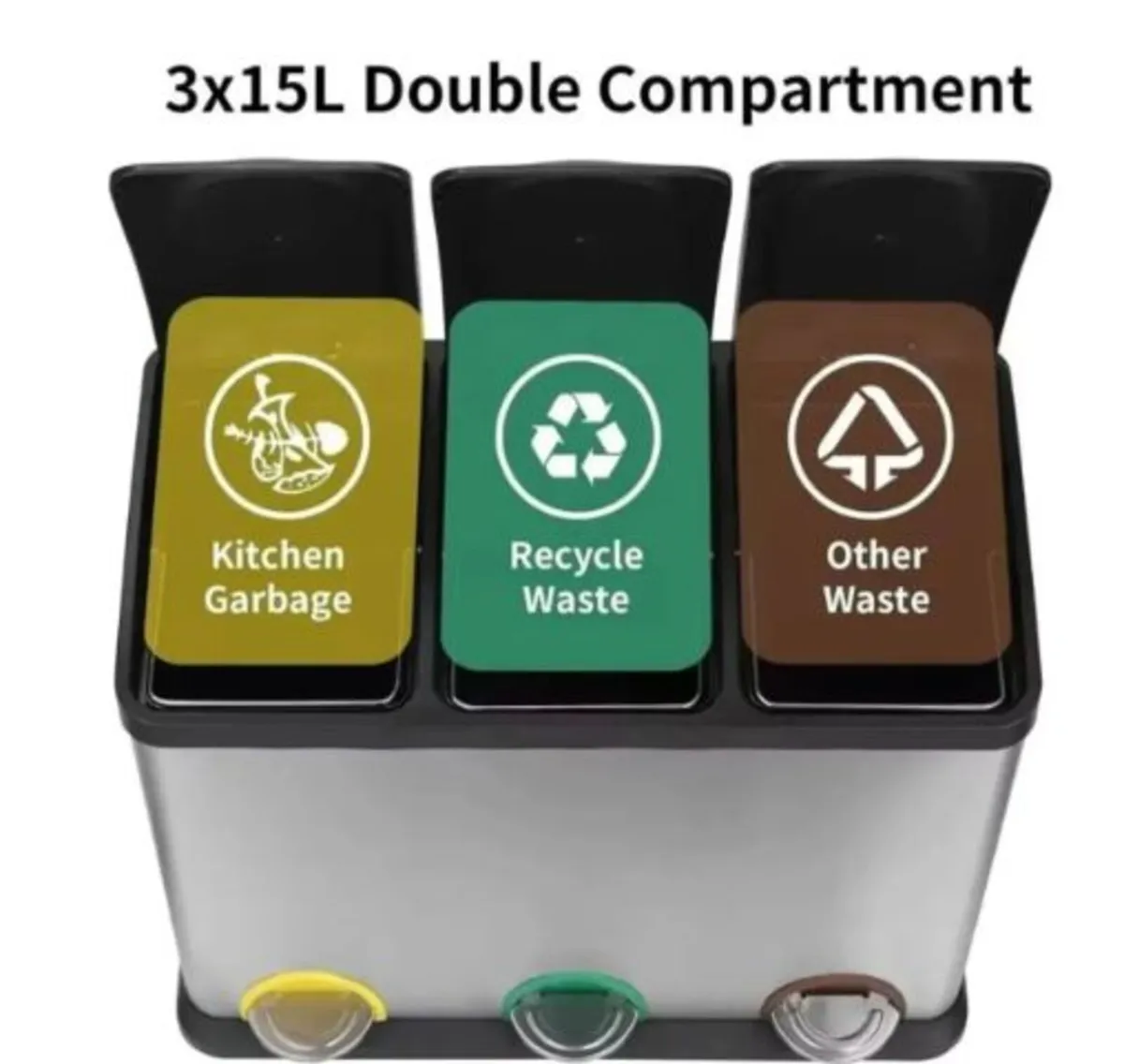 45L Kitchen Waste Bin 3 Section Trash Bin - Image 3