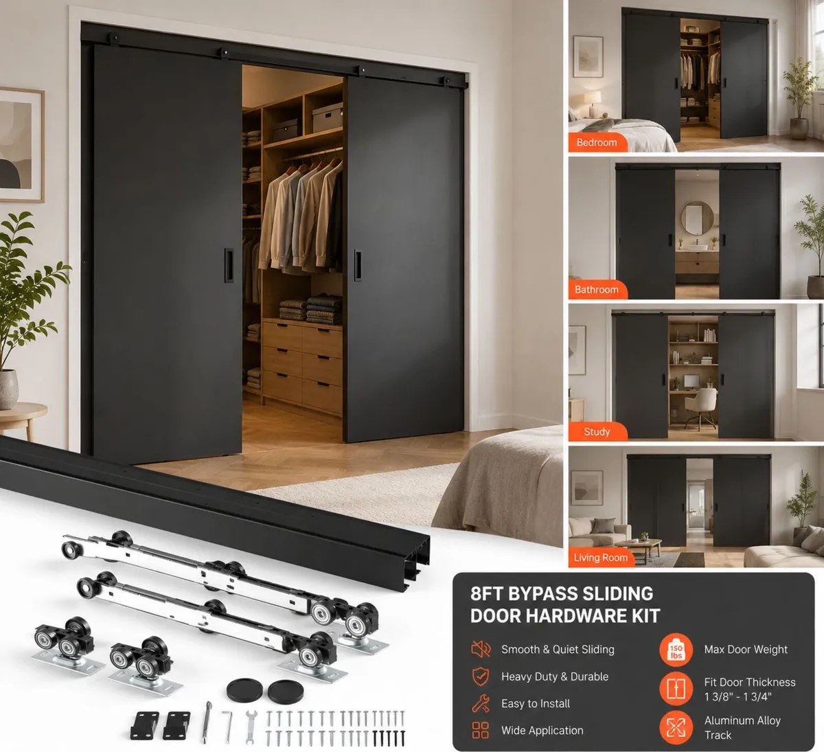 8ft Double Sliding Door Hardware Kit Aluminium Tra - Image 1
