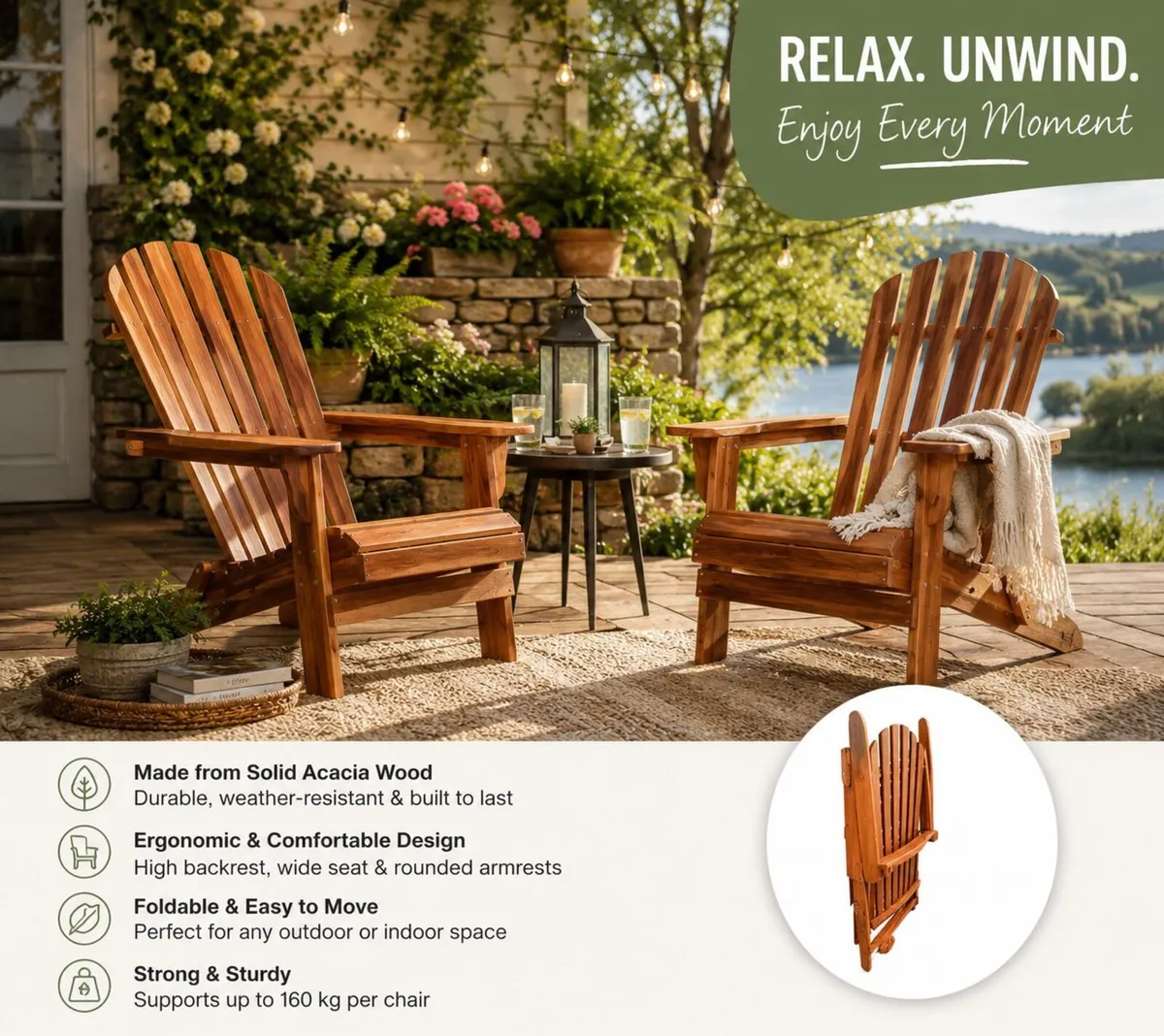 Set of 2 Folding Adirondack Chairs  Solid Acacia W - Image 1