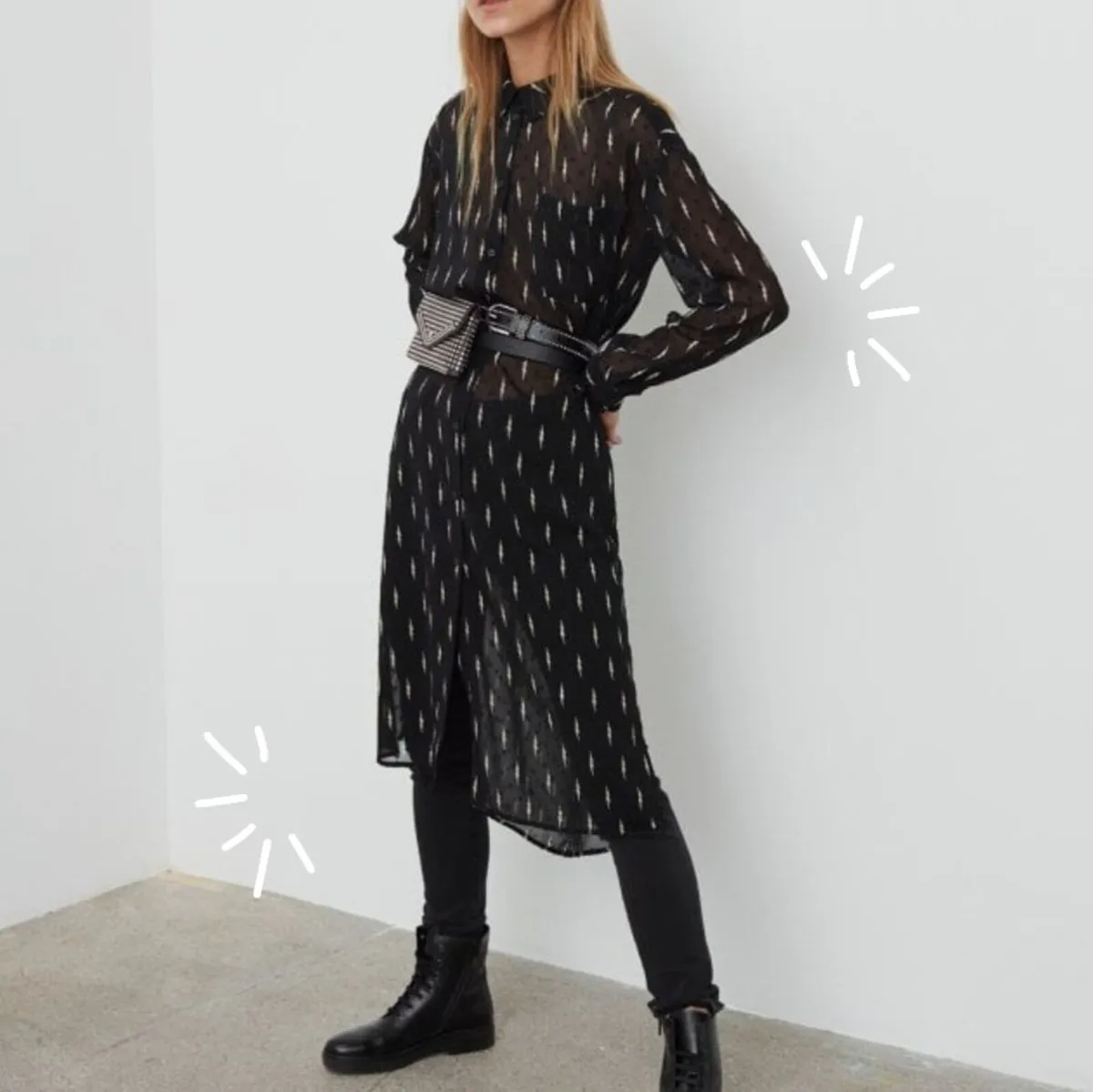 Sofie Schnoor Black Sheer Lightning Shirt Dress M - Image 2