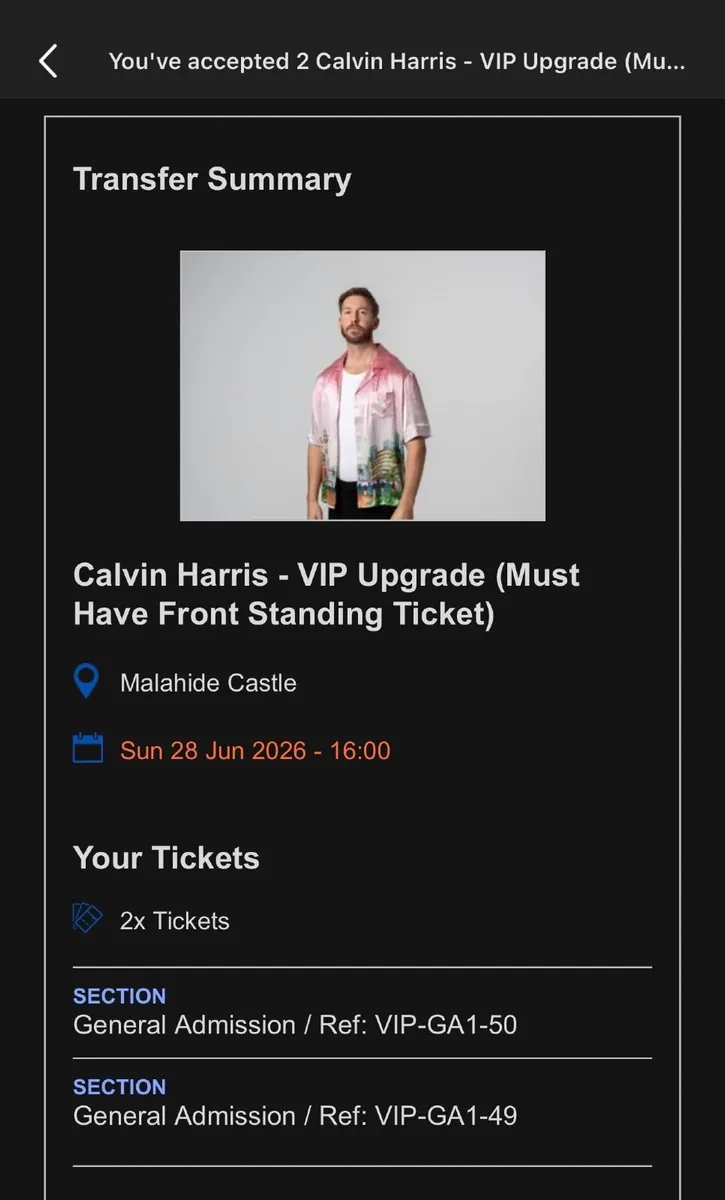 Calvin Harris Concert Tickets Upgrade x 2 tickets