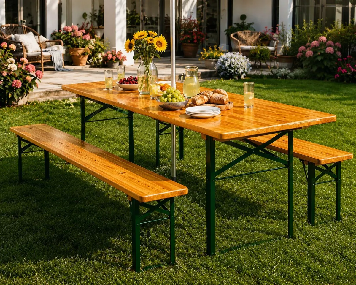Wooden Folding table and two benches picnic set ( - Image 1
