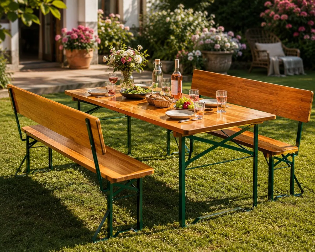 Wooden Folding Picnic Table and Bench Set with Bac - Image 1