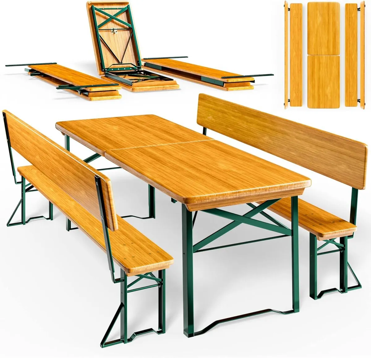 Wooden Folding Picnic Table and Bench Set with Bac - Image 4