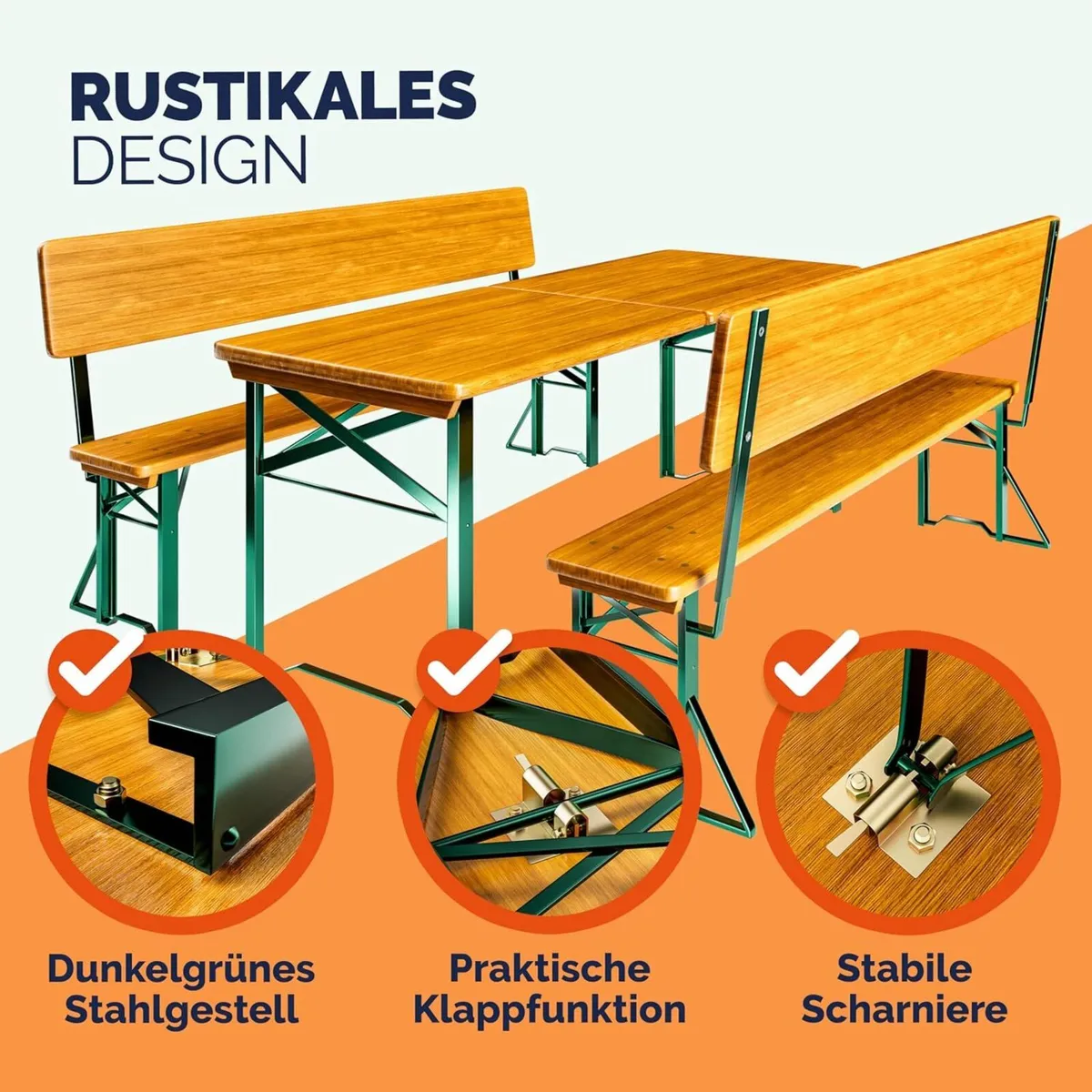 Wooden Folding Picnic Table and Bench Set with Bac - Image 3