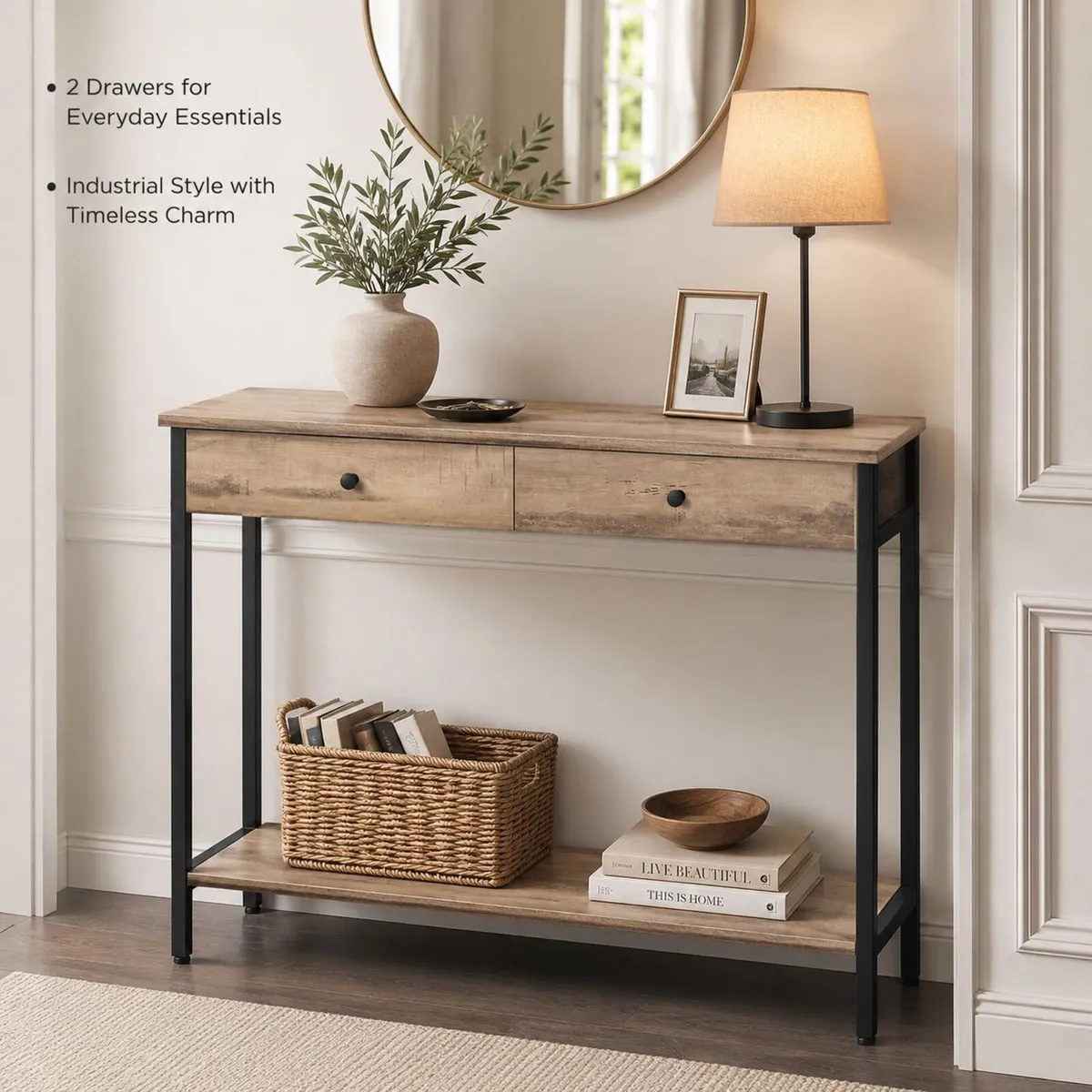 Industrial Console Table with 2 Drawers Vintage - Image 1