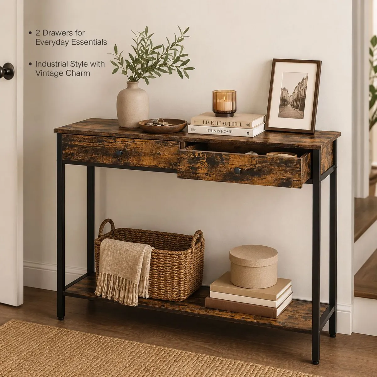 Industrial Console Table with 2 Drawers Vintage H - Image 1