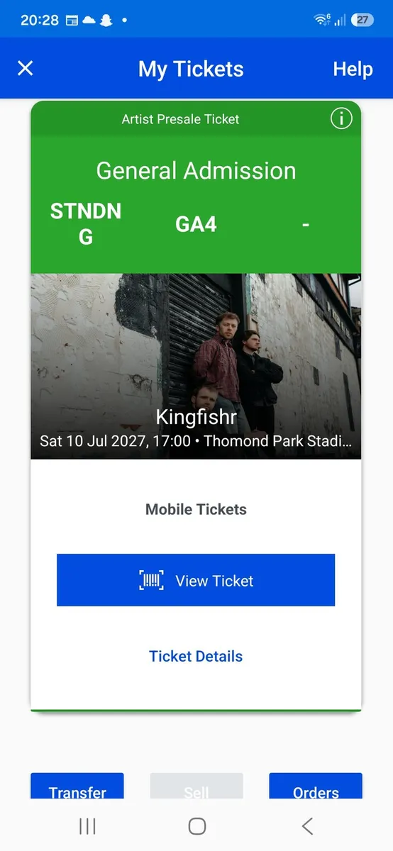 Concert ticket kingfisher