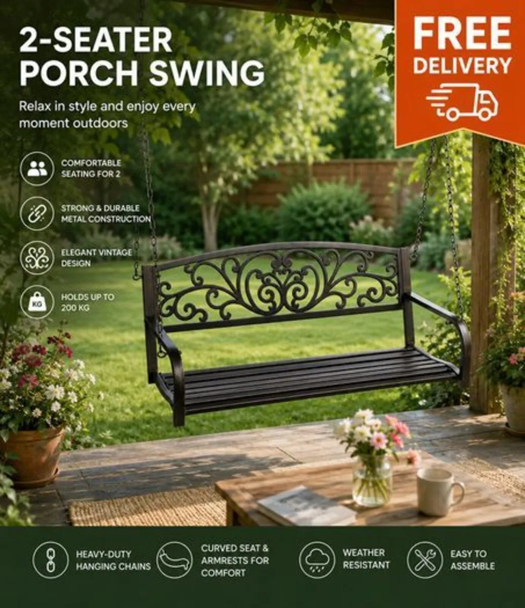 2-Seater Metal Hanging Porch Swing Bench - Image 2