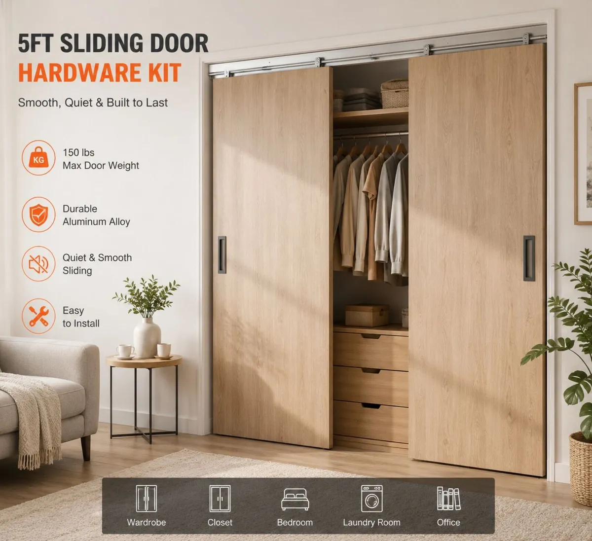 5ft Double Sliding  Door Hardware Kit Alumin - Image 1