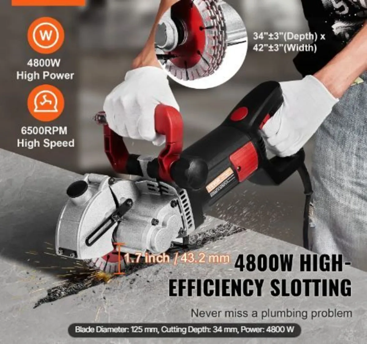 Wall Chaser, 34 mm Cutting Depth Wall Cutting Mach - Image 1