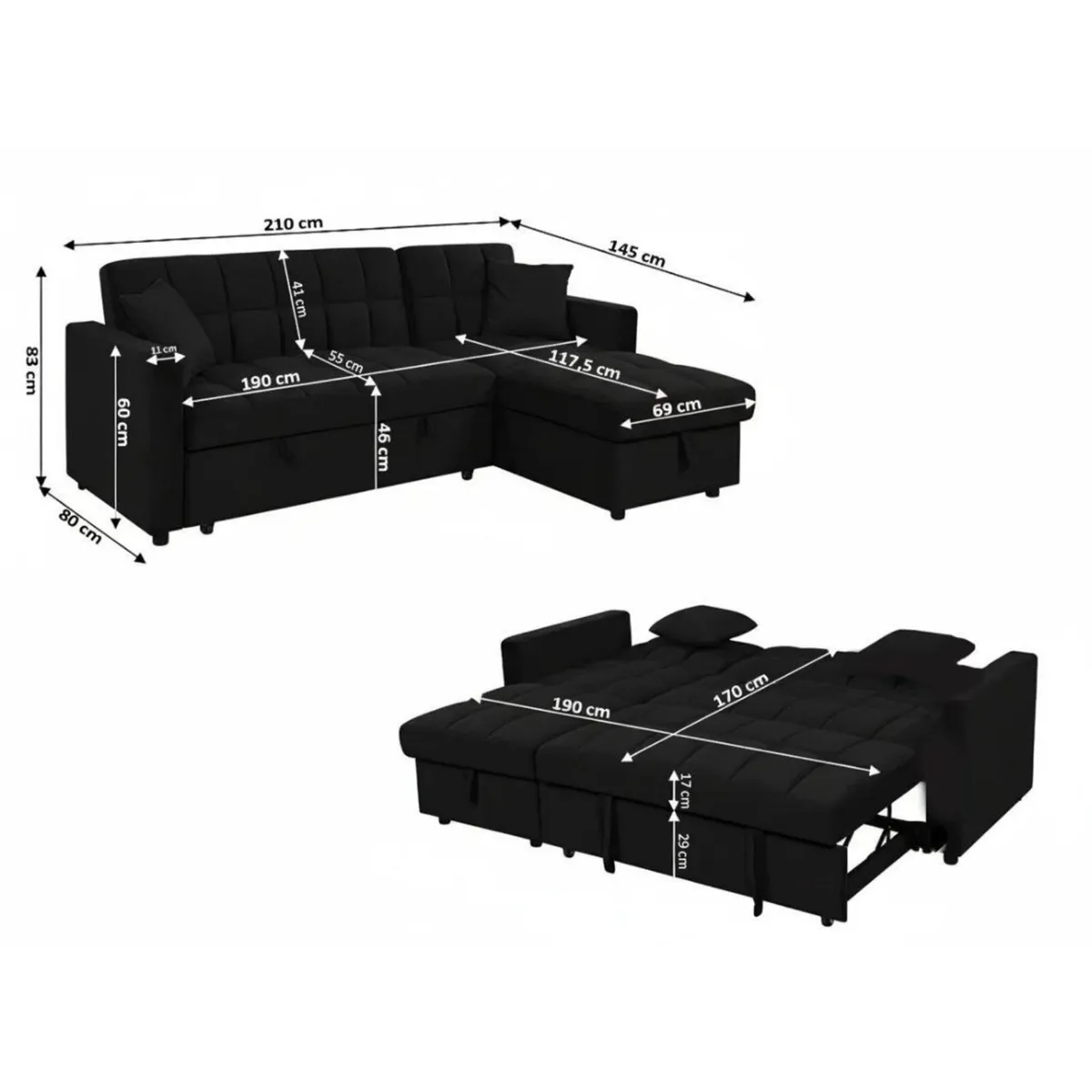 Kris Black Sofa Bed, Reversible Chaise & Storage - Image 4