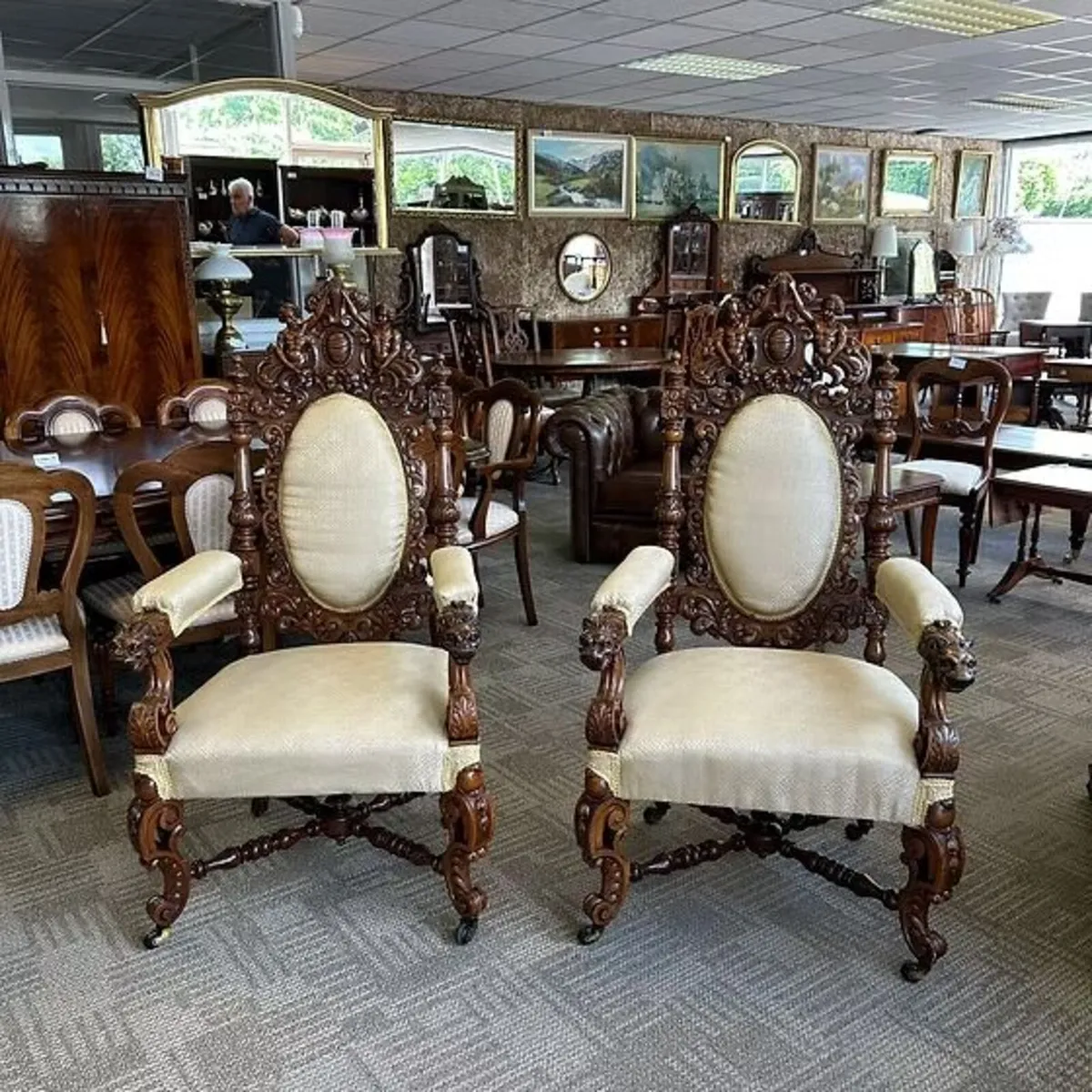 Fabulous monumental pair of antique throne chairs, - Image 2
