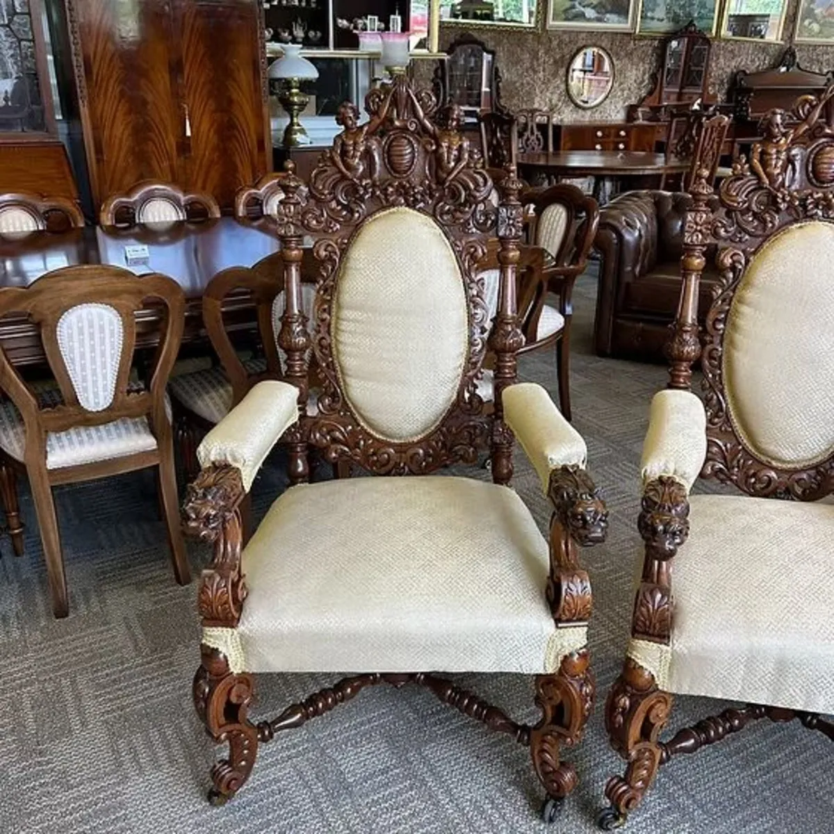 Fabulous monumental pair of antique throne chairs, - Image 4