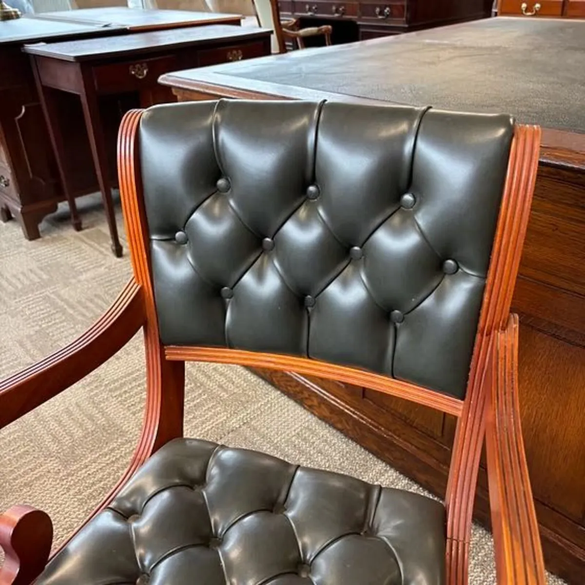 Button backed green leather occasional desk chair - Image 3