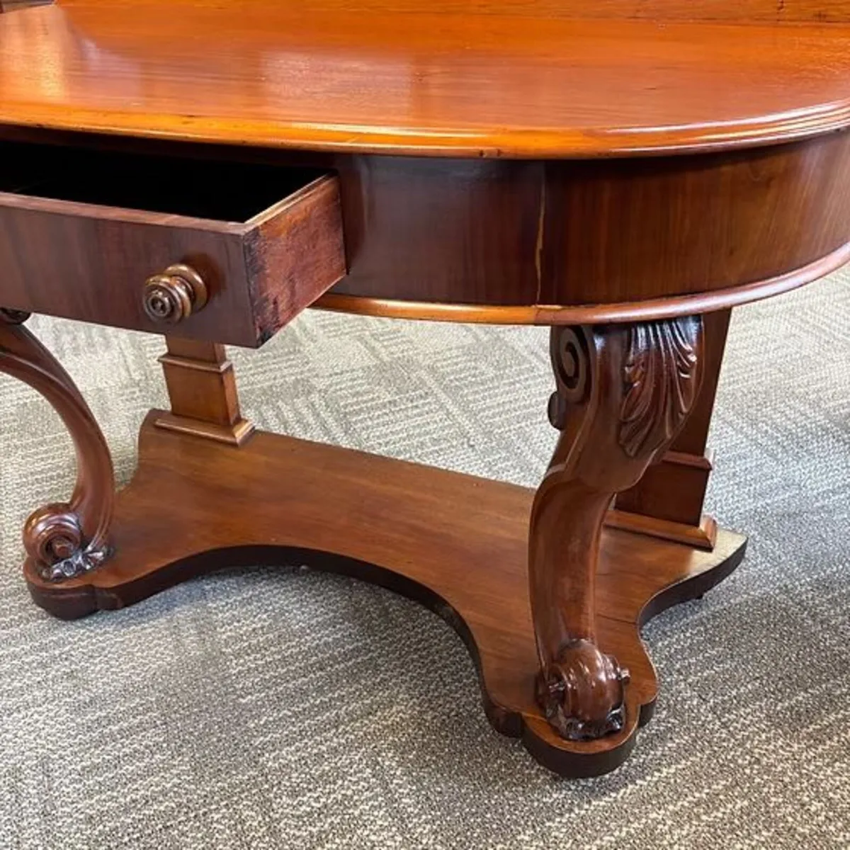 Antique Victorian mahogany demi lune table raised - Image 3