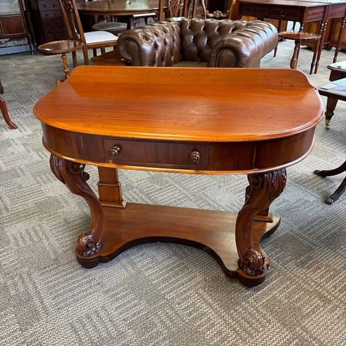 Antique Victorian mahogany demi lune table raised - Image 1