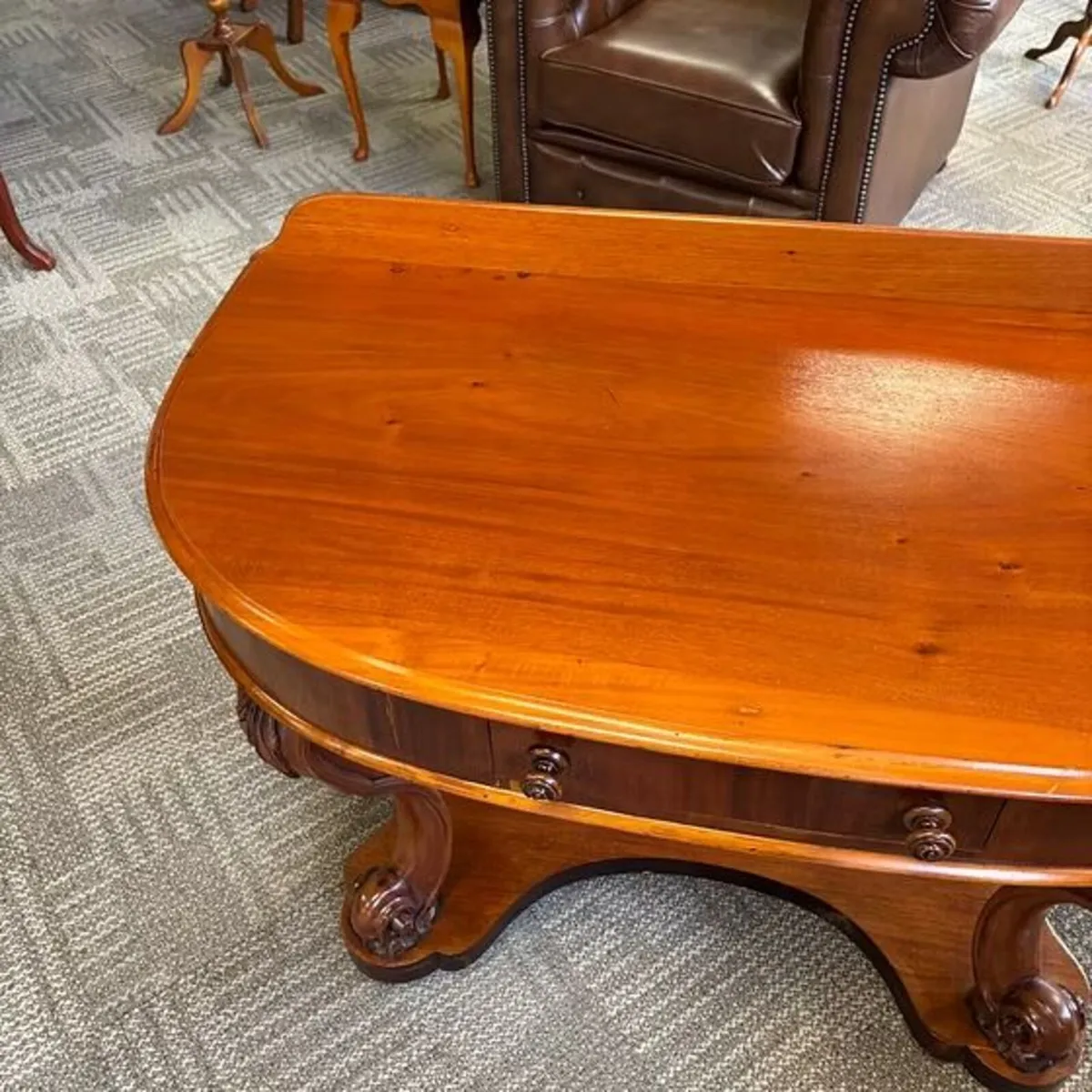 Antique Victorian mahogany demi lune table raised - Image 4