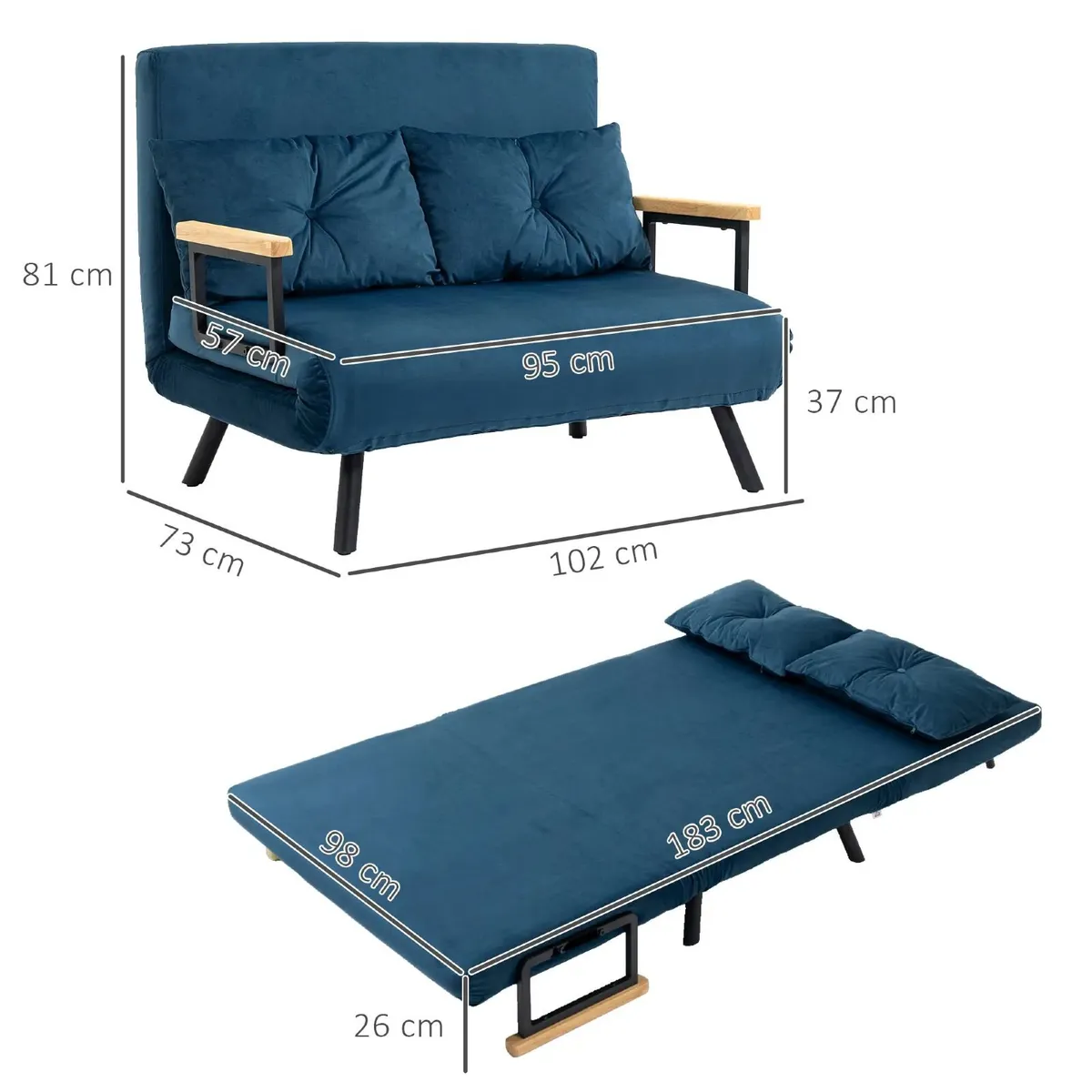 2 Seater Convertible Sofa Bed 5 Level Adjustable B - Image 3