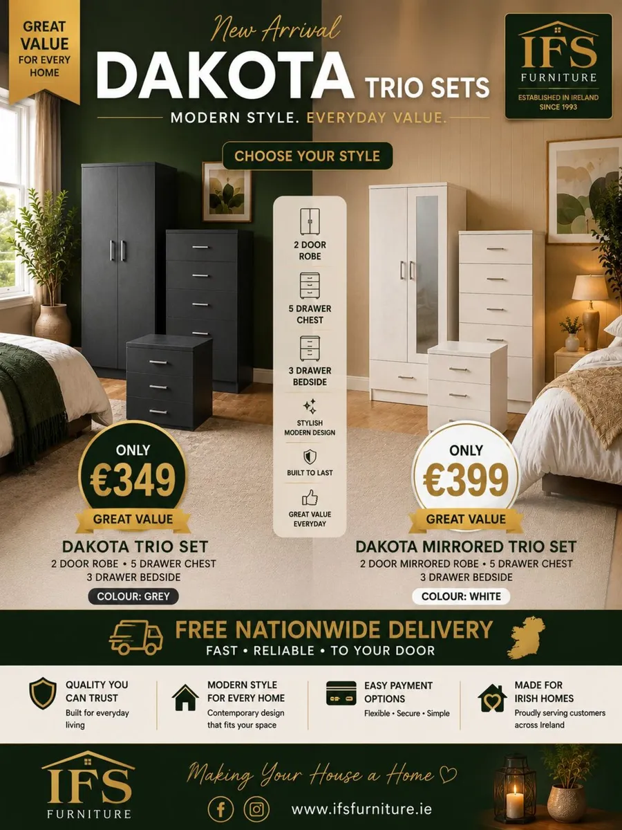 3 Piece Bedroom Set – Grey €349 | White /mirror - Image 1