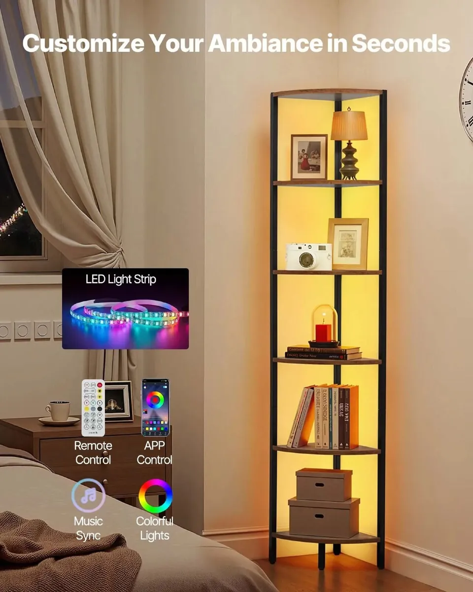 6 Tier Corner Shelf with LED Light Metal Frame Woo - Image 1