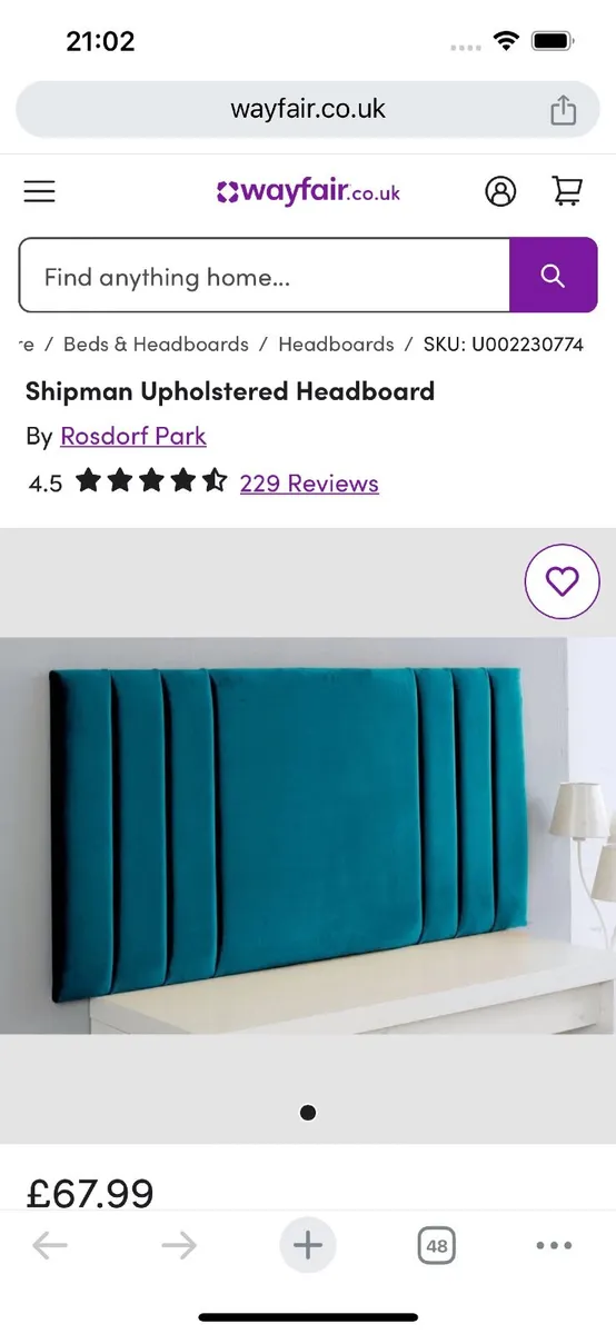 Beautiful Plush Teal  Double Headboard - Image 1