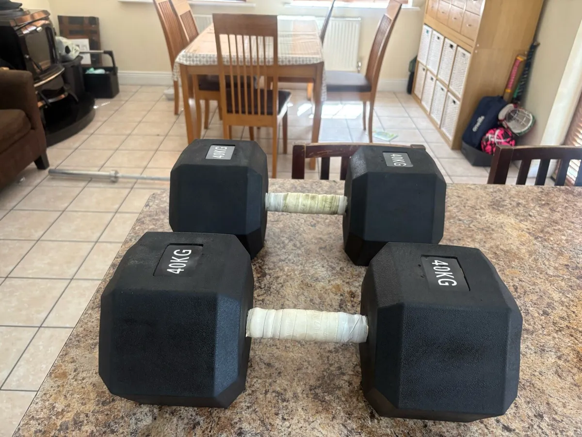2 X 40KG RUBBER HEX DUMBBELLS. - Image 1