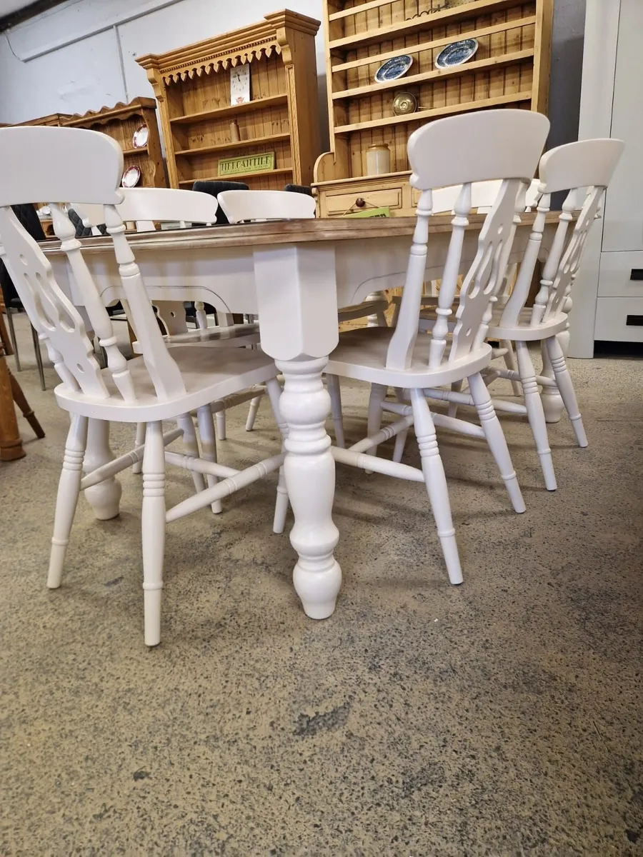 Oak farmhouse table, 6 oak farmhouse chairs - Image 2