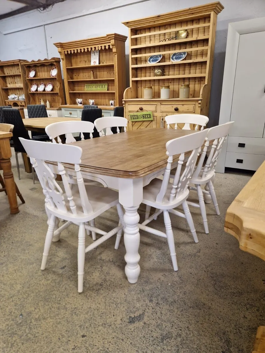 Oak farmhouse table, 6 oak farmhouse chairs - Image 1