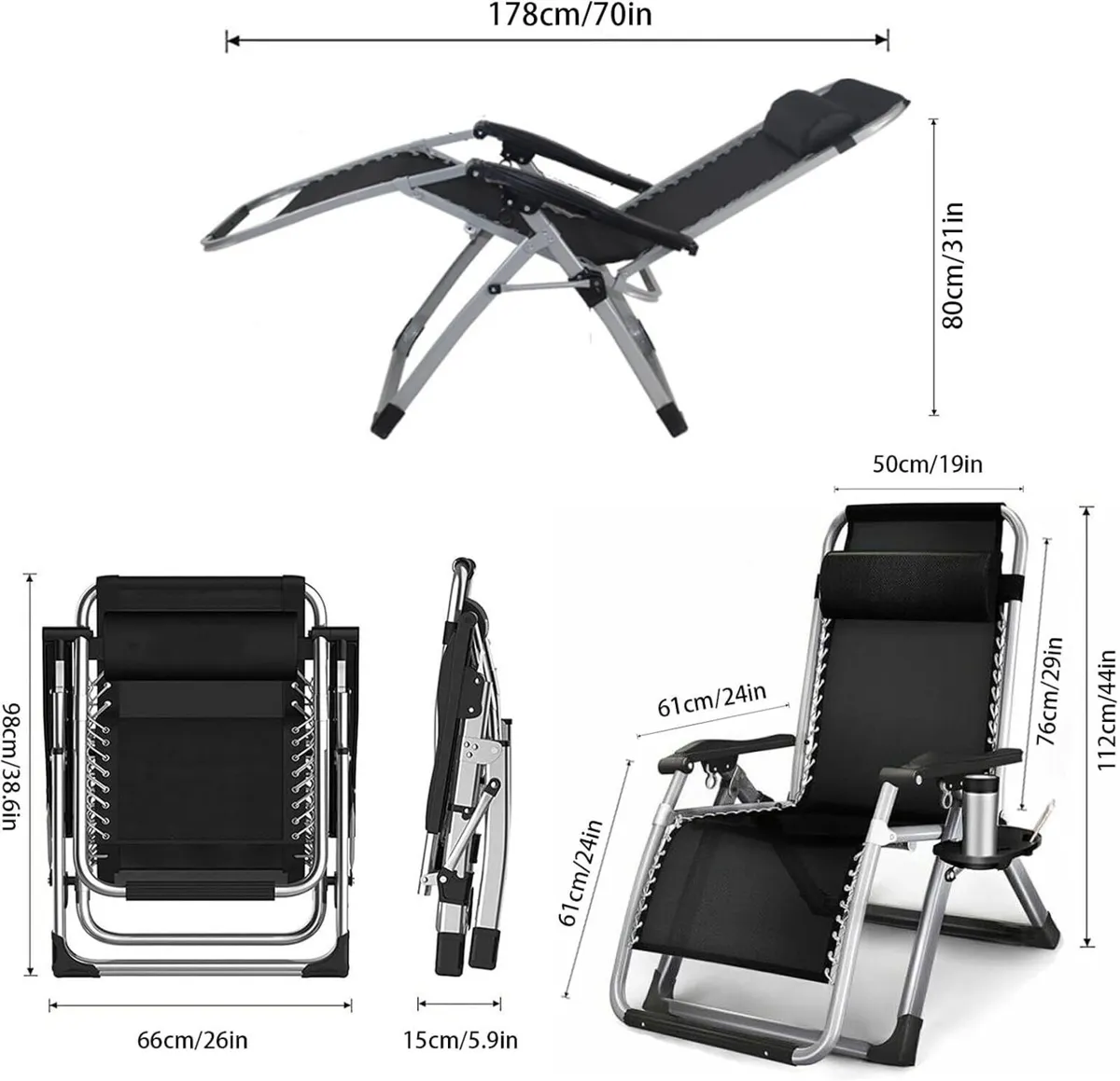 Outdoor Reclining Zero Gravity Chair with Cup - Image 3