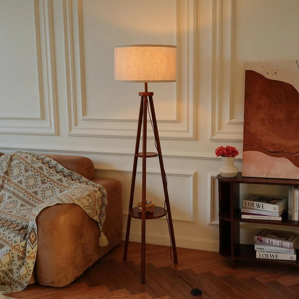 Floor Lamp with Shelf Vintage Walnut Corner - Image 4