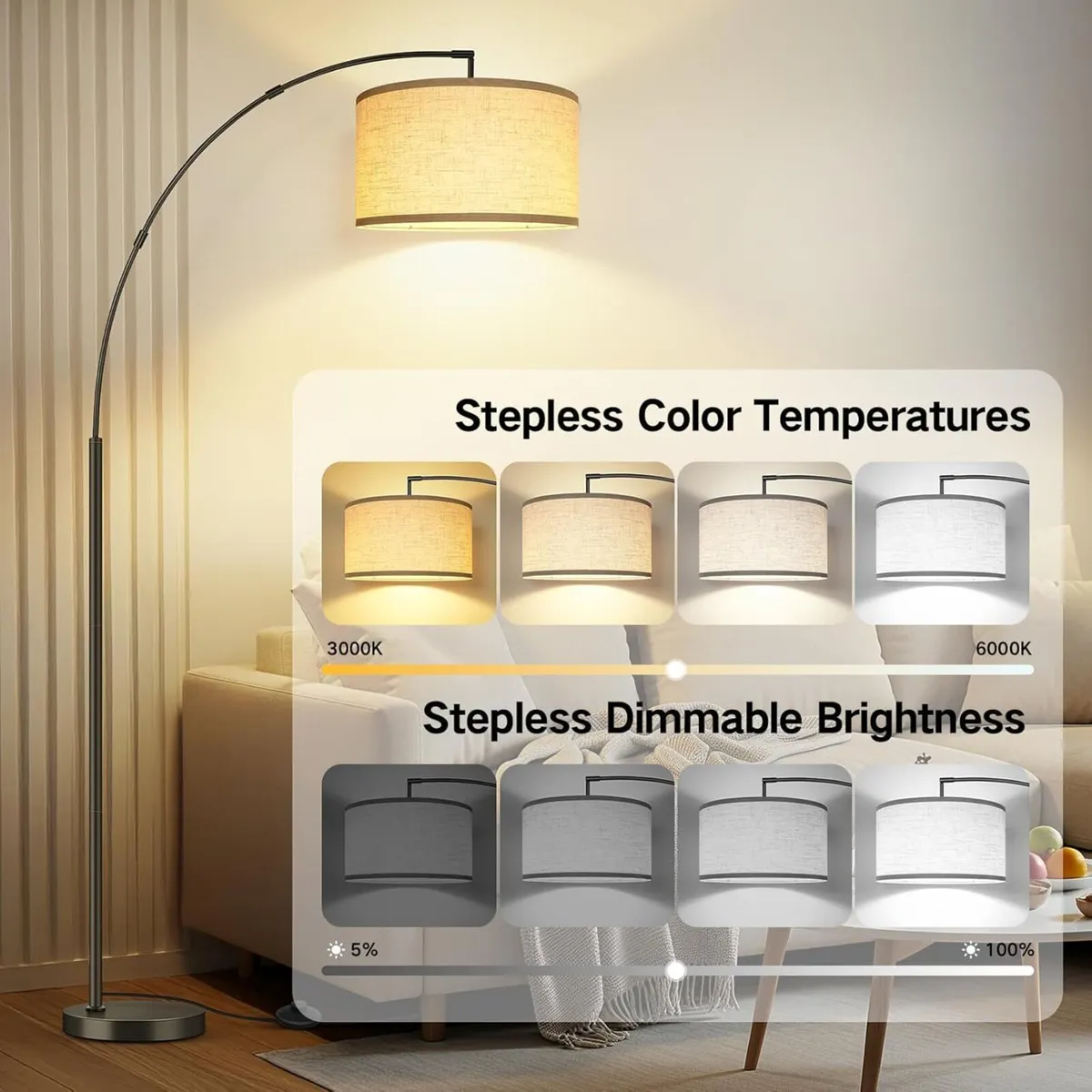 Outon LED Modern Arc Floor Lamp Dimmable Standing - Image 3