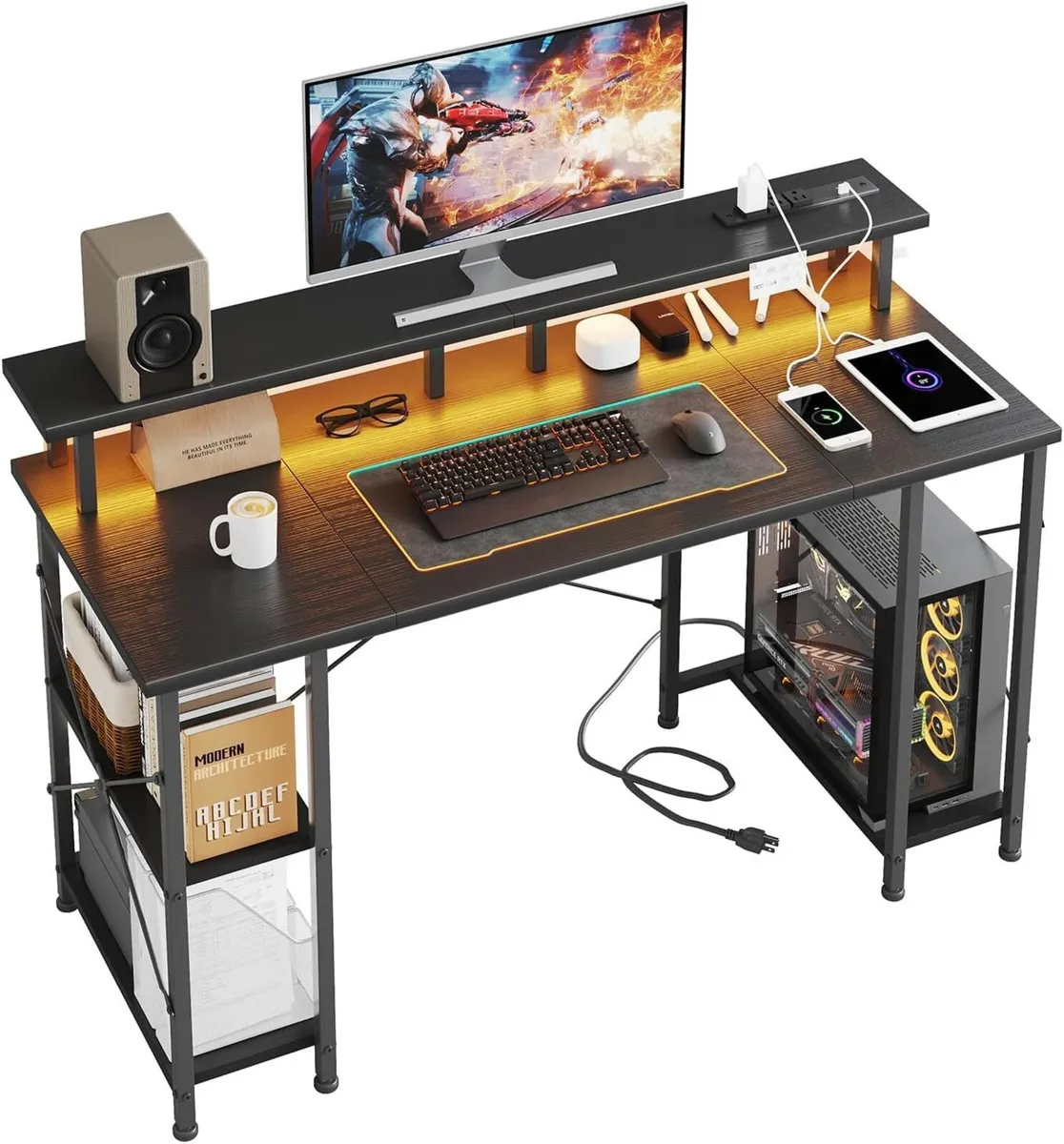 Gaming Desk with LED Lights Power Outlets 120x50CM - Image 1