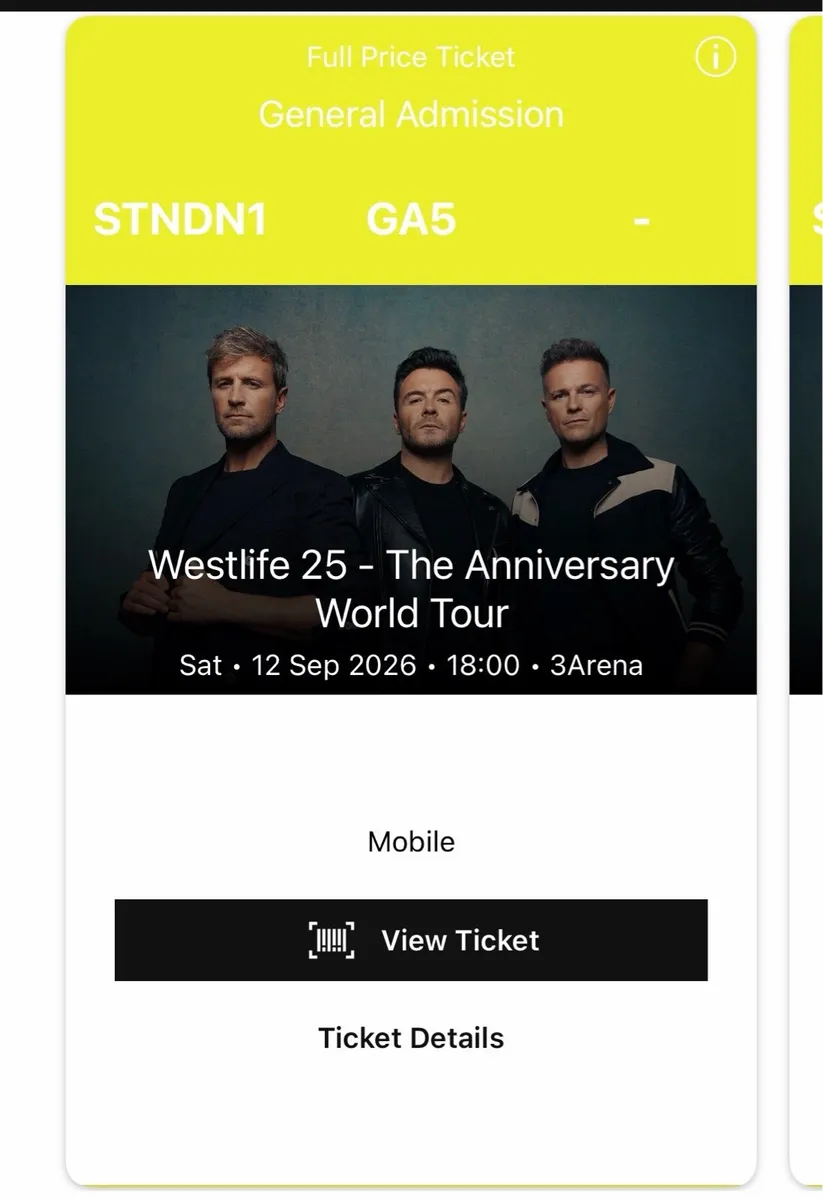 3 Westlife Standing Tickets Sat 12th Sept