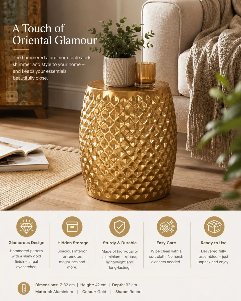 Gold Hammered Aluminium Side Table Round Accent Ta - Image 1
