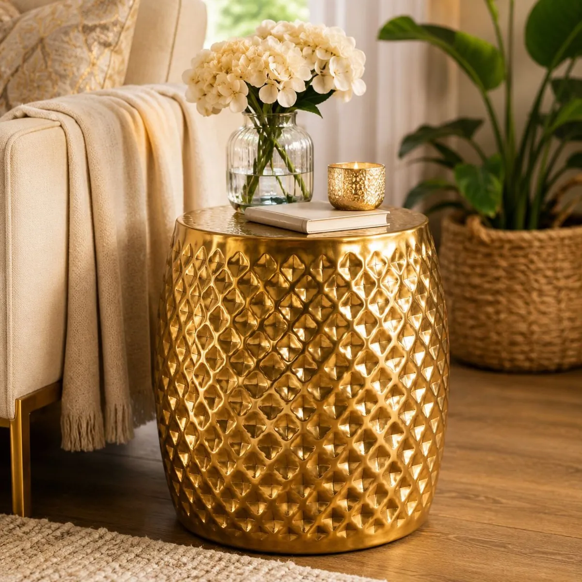 Gold Hammered Aluminium Side Table Round Accent Ta - Image 2