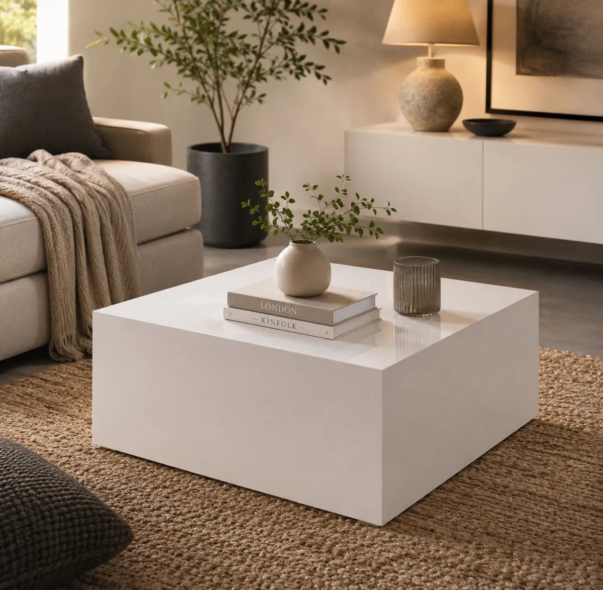 High Gloss White Coffee Table Modern Square Monobl - Image 3