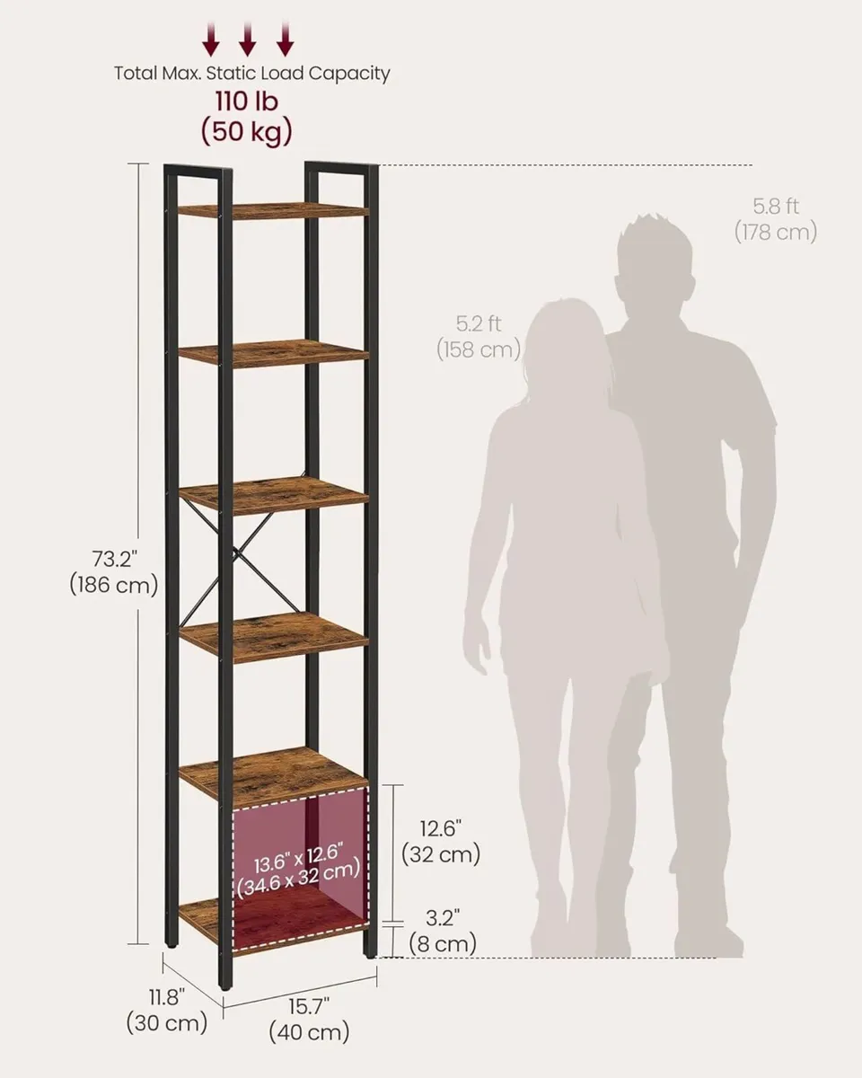 Industrial 6-Tier Bookshelf – Tall Vintage Brown & - Image 2