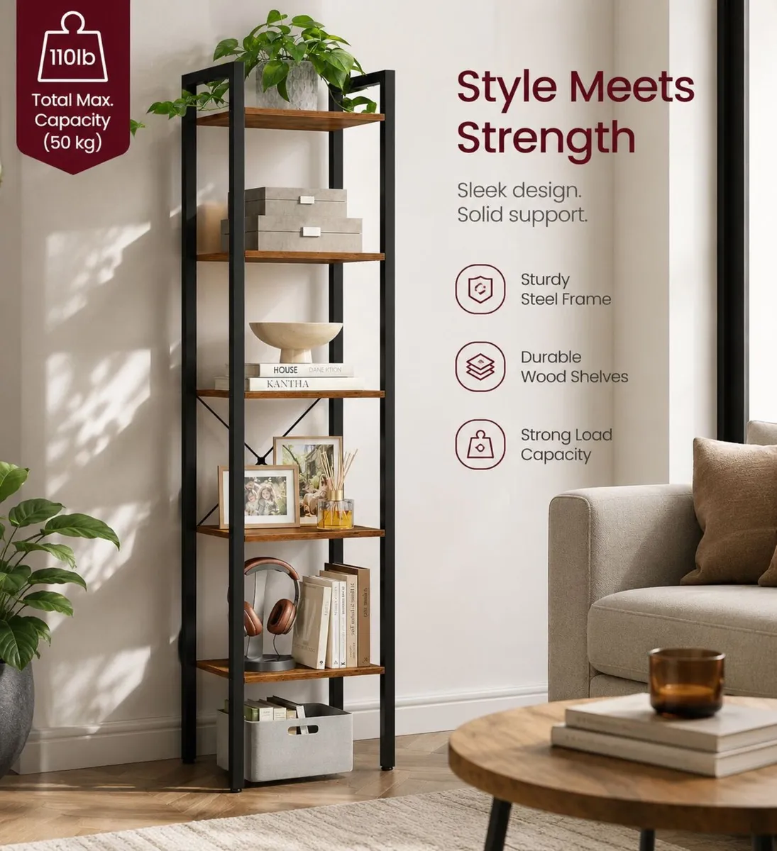 Industrial 6-Tier Bookshelf – Tall Vintage Brown & - Image 1