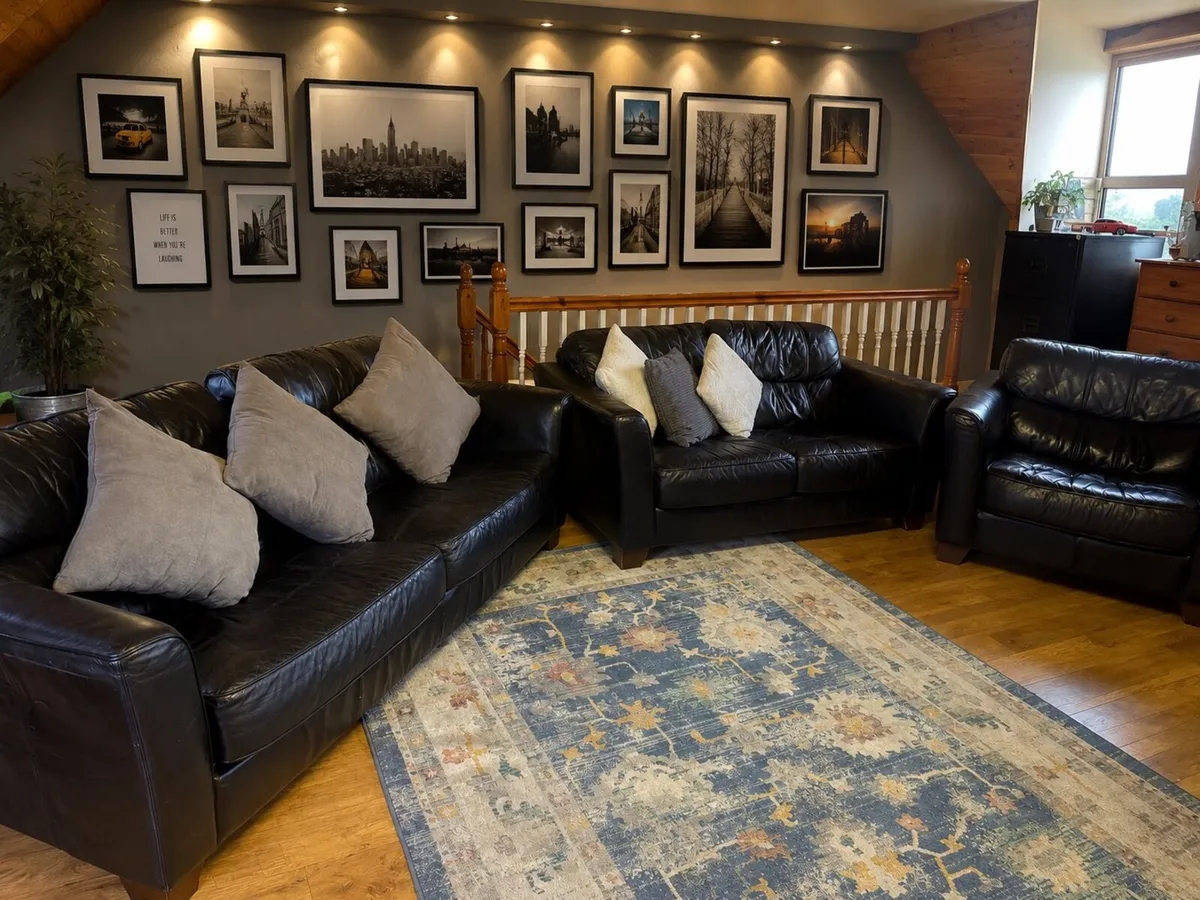 Black Genuine Leather Sofa Suite - Image 1