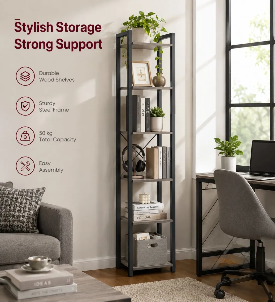 Industrial 6-Tier Bookshelf Tall Narrow - Image 1