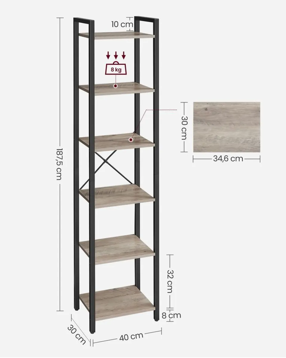 Industrial 6-Tier Bookshelf Tall Narrow - Image 3