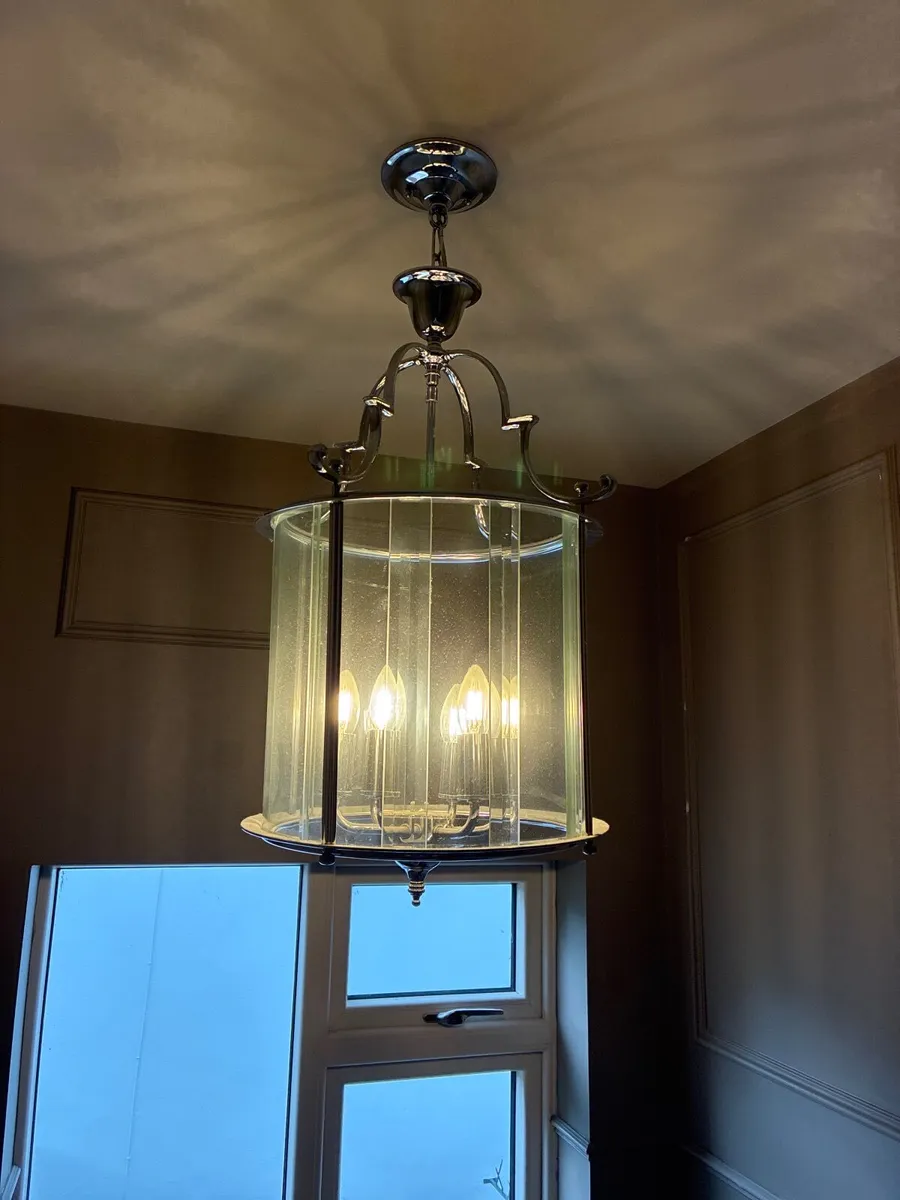 Large Chrome & Glass Lantern Pendant Light – Excel - Image 1