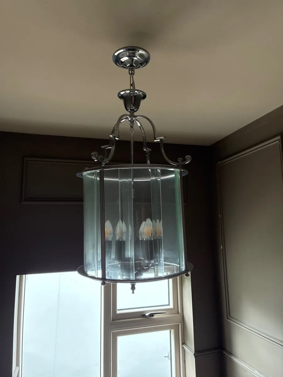 Large Chrome & Glass Lantern Pendant Light – Excel - Image 2