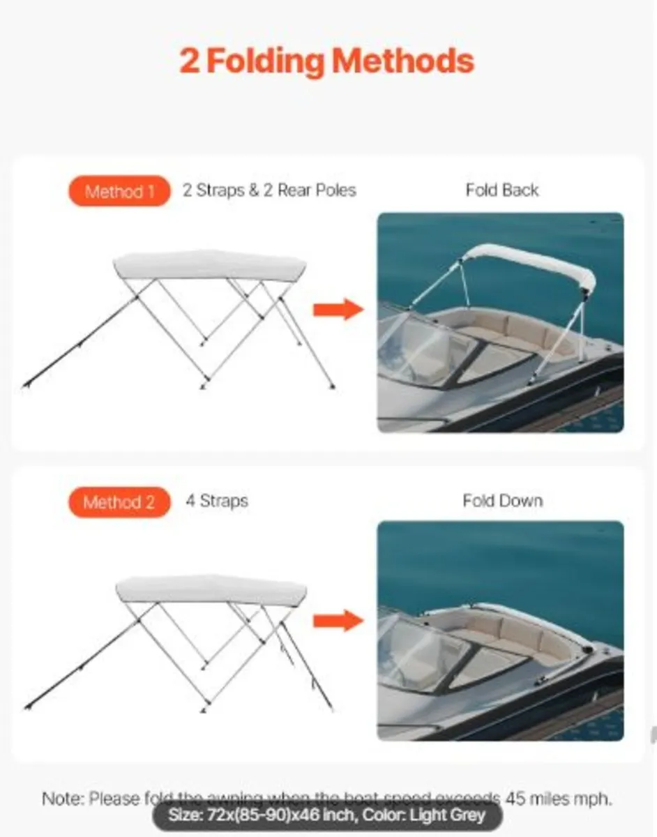3 Bow Boat Bimini Tops, 600D Polyester Canopy - Image 2