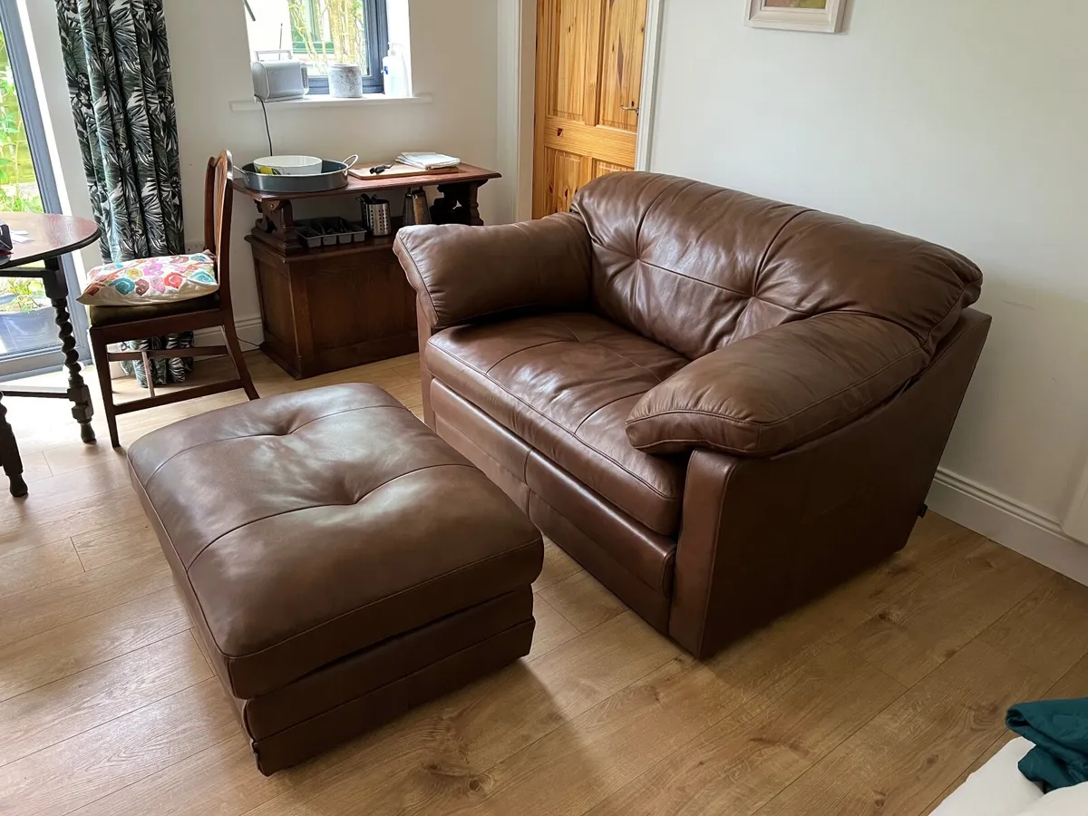 Leather 2 seater couch and stool - Image 2