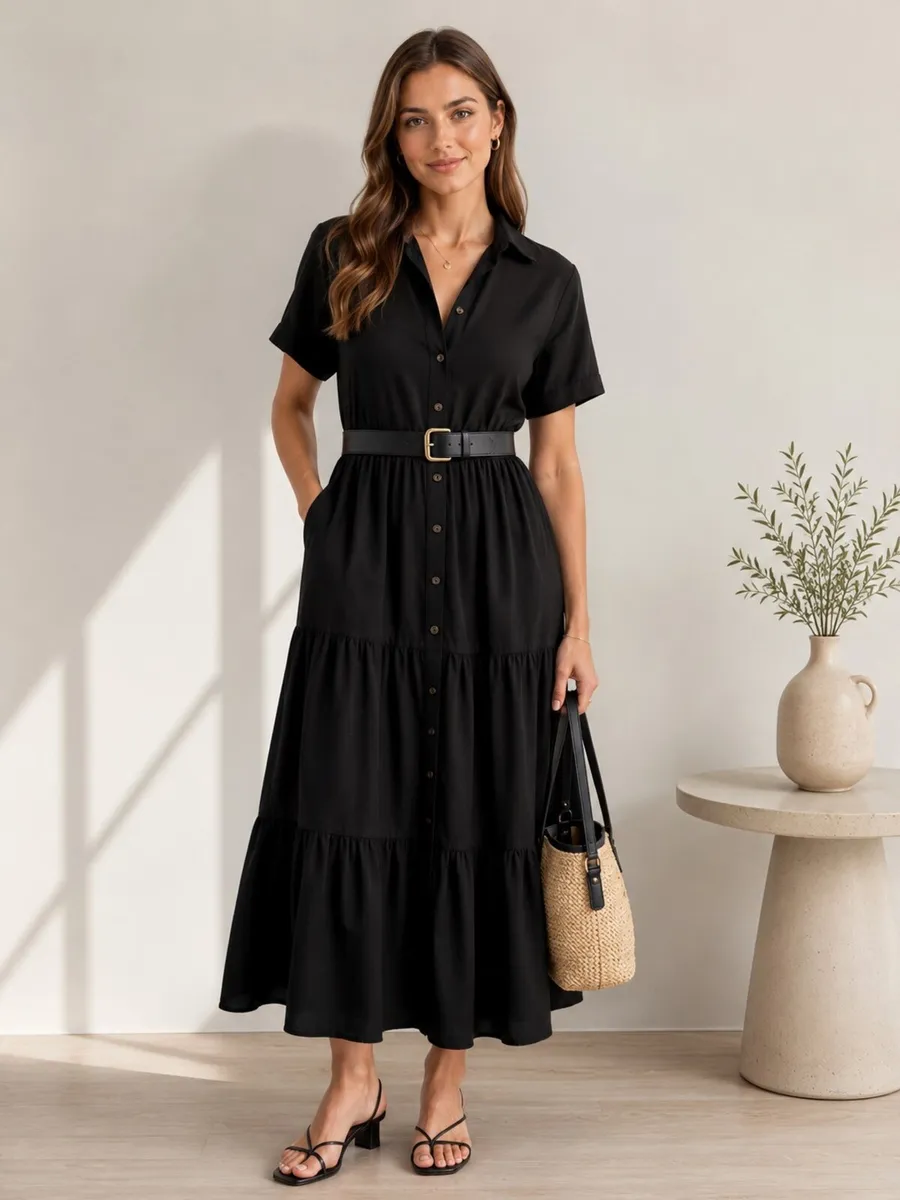 NEW Black tiered shirt dress features a classic co - Image 1